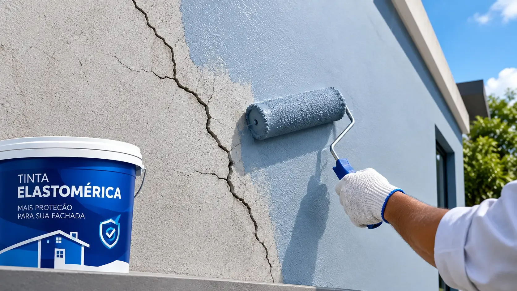 Aplicação de tinta elastomérica em parede com fissura