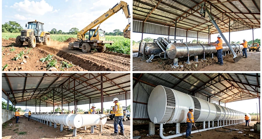 Vista interna de aviário industrial de frango de corte em construção no sul do Brasil, mostrando estrutura metálica galvanizada, contrapiso de concreto recém executado com malha de aço, muretas laterais de blocos e cortinas plásticas amarelas abertas, iluminação natural intensa, operários com EPIs trabalhando, ambiente de obra real