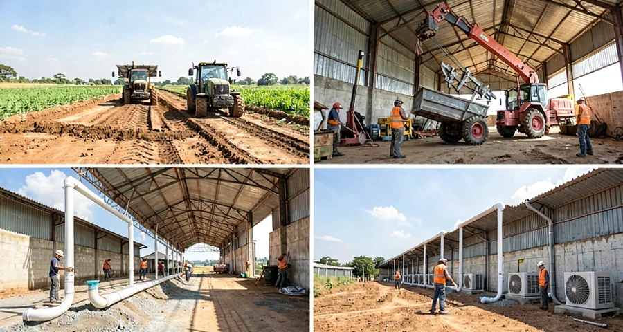 Vista interna de aviário industrial de frango de corte em construção no sul do Brasil, mostrando estrutura metálica galvanizada, contrapiso de concreto recém executado com malha de aço, muretas laterais de blocos e cortinas plásticas amarelas abertas, iluminação natural intensa, operários com EPIs trabalhando, ambiente de obra real