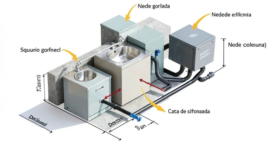Encanador brasileiro instalando caixa de gordura PVC branca sob pia de cozinha, piso de cerâmica, tubulação DN50 visível, luz natural, obra residencial em andamento