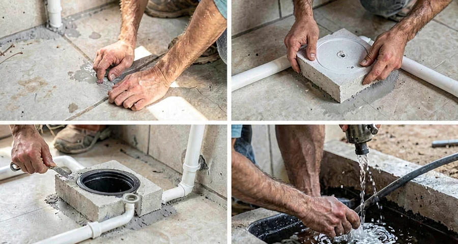 Encanador brasileiro instalando caixa de gordura PVC branca sob pia de cozinha, piso de cerâmica, tubulação DN50 visível, luz natural, obra residencial em andamento