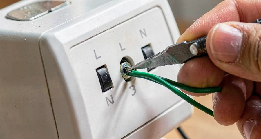 Mão de eletricista destorcendo fios antigos em caixa de embutir, testador de voltagem em primeiro plano, interruptor inteligente novo descartado ao lado pronto para instalação. Luz natural de janela. Obra residencial brasileira.