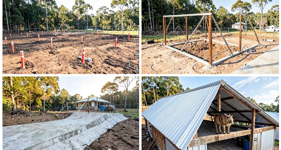 Visão aérea de propriedade rural brasileira com curral aberto alambrado, baia coberta individual com telhado metálico e estábulo estruturado, mostrando as três estruturas lado a lado em terreno com drenagem aparente