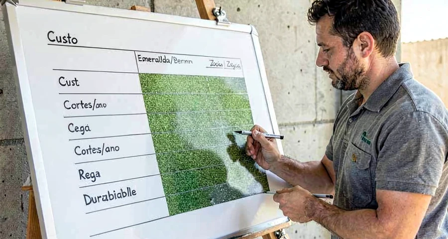 Fotografia aérea de três parcelas lado a lado em obra residencial brasileira: grama esmeralda verde-escuro brilhante, bermuda verde claro viçoso, zoysia verde-escuro com textura fina. Paisagista apontando diferenças. Luz natural, pós-plantio dias 30.