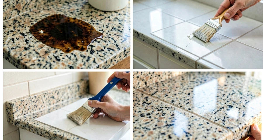 Obra em andamento: pedreiro instalando granito em bancada de cozinha residencial, mostrando cortes, encaixes e acabamento em ambiente real brasileiro com iluminação natural