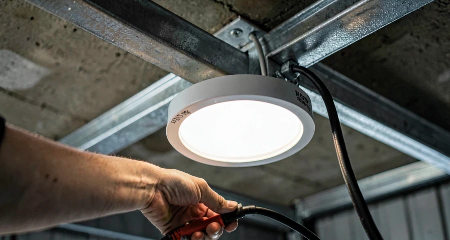 Galpão industrial de 3000m² com cobertura metalon, vista angular noturna com iluminação LED branca uniformemente distribuída em 30 pontos, sem sombras, com piso de concreto e máquinas ao fundo desfocadas, foto realista em 1920x1080