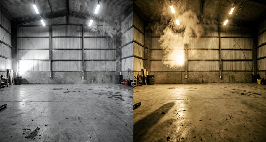 Galpão industrial de 3000m² com cobertura metalon, vista angular noturna com iluminação LED branca uniformemente distribuída em 30 pontos, sem sombras, com piso de concreto e máquinas ao fundo desfocadas, foto realista em 1920x1080