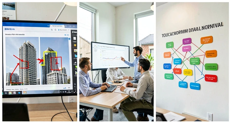Sala de reuniões de escritório de arquitetura em São Paulo: tela grande exibindo modelo BIM 3D colorido (estrutura azul, hidráulica verde, elétrica vermelha, HVAC amarelo) com marcadores vermelhos indicando conflitos detectados automaticamente. Arquiteto apontando para tela, ao fundo mesa com computadores e plantas impressas. Luz natural de janela com vista de edifícios. Realismo máximo, foto profissional.