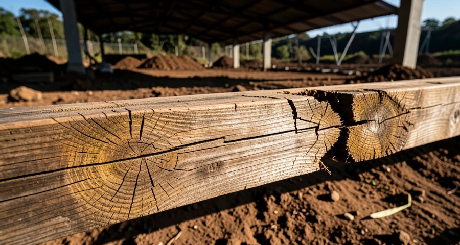 Troncos de ipê e jatobá lado a lado em pátio de madeireira, em luz natural de manhã, mostrando diferença de cor: ipê amarelo intenso, jatobá mais escuro avermelhado, serra circular ao fundo, marcas de corte visíveis, ambiente de trabalho profissional brasileiro.