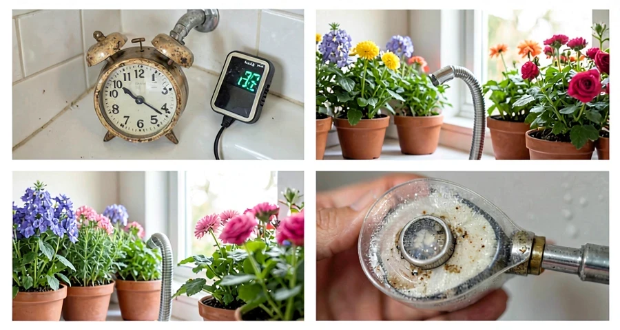 Vista aérea de um jardim brasileiro bem cuidado com mangueira gotejadora instalada entre plantas e flores, timer digital visível acoplado à torneira externa de alvenaria, luz natural de manhã cedo, detalhe nitidez no conector da mangueira e gotejadores vermelho.
