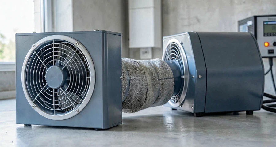 Cozinha profissional brasileira com coifa grande sobre fogão e chapa de inox, vapor e fumaça visíveis, iluminação industrial, restaurante moderno, equipamentos de alta gama, vista de cima para dutos metálicos no teto