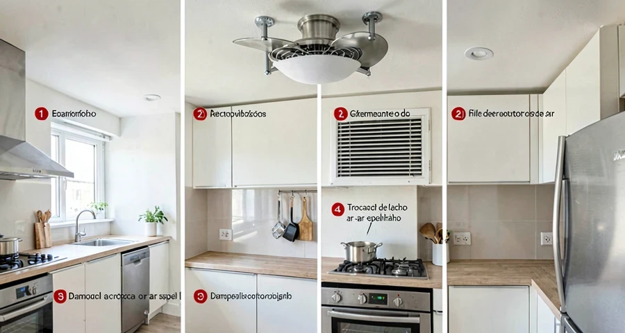 Cozinha profissional brasileira com coifa grande sobre fogão e chapa de inox, vapor e fumaça visíveis, iluminação industrial, restaurante moderno, equipamentos de alta gama, vista de cima para dutos metálicos no teto